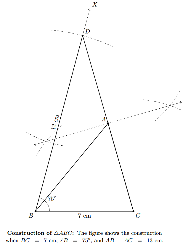 Diagram of triangle ABC constructed, showing point D on ray BX, and perpendicular bisector of DC passing through A